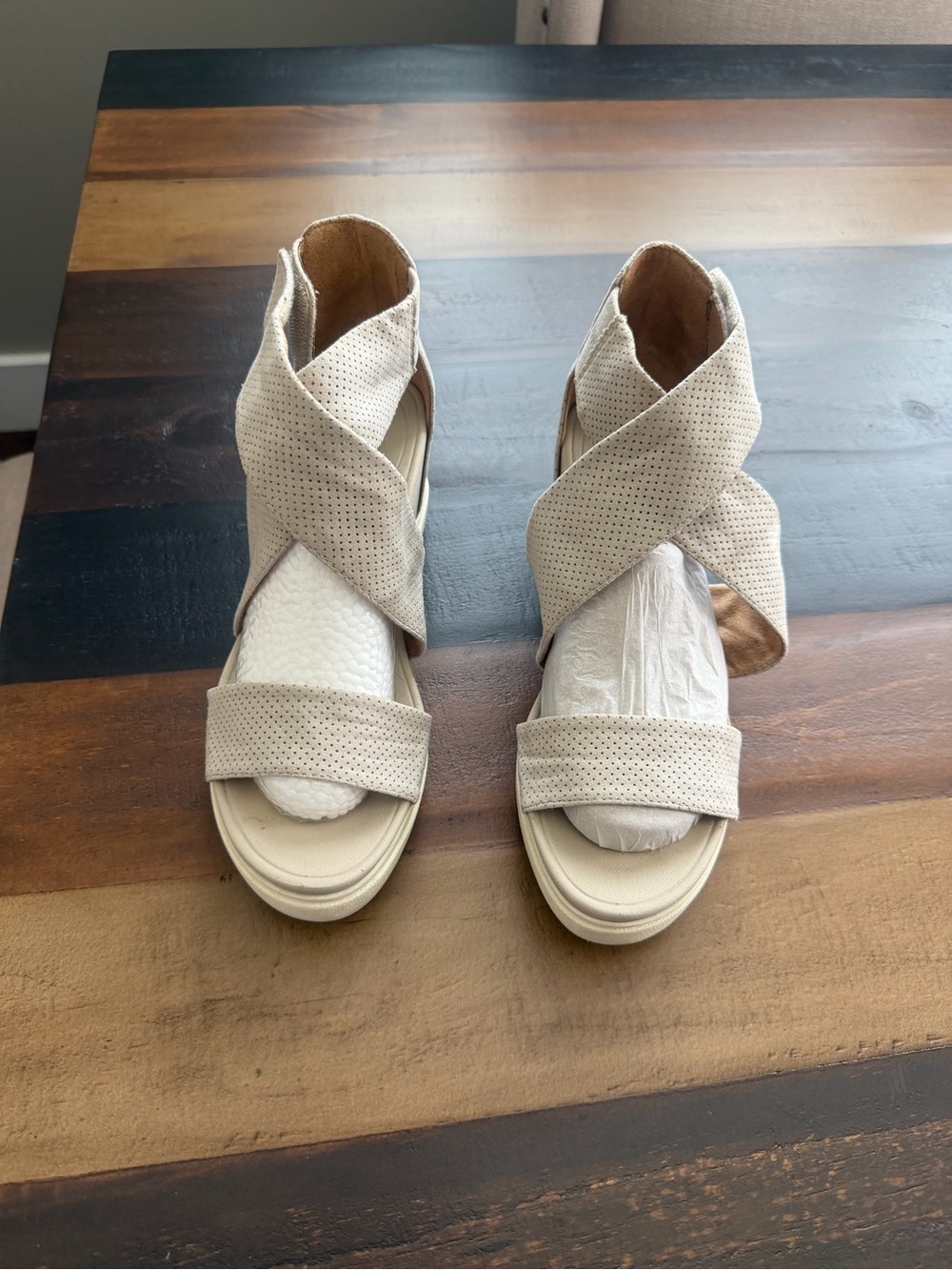 Dr. Scholl's Beige Crisscross Perforated Suede Sandals